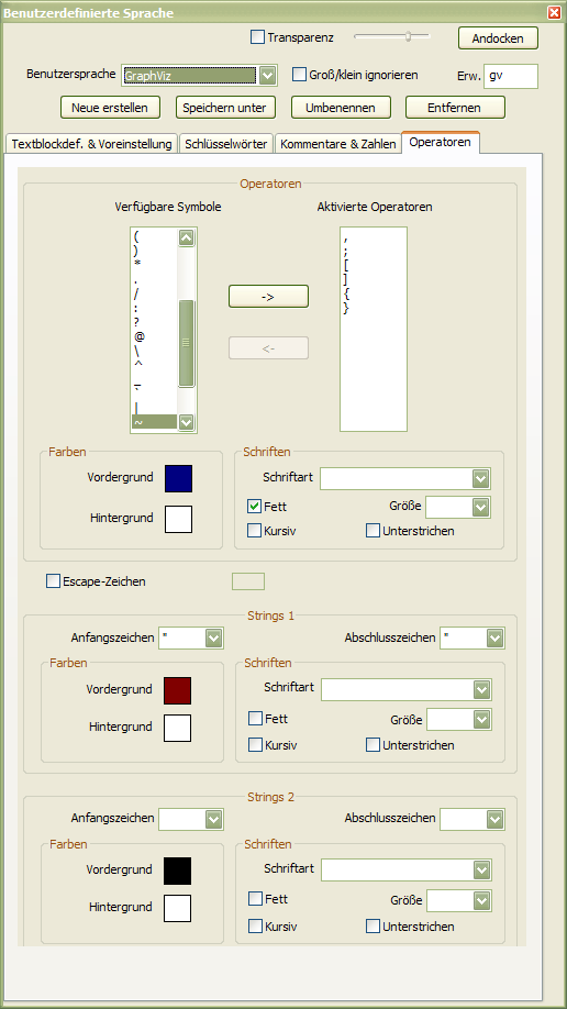 Screenshot »Benutzerdefinierte Sprache« Tab »Operatoren«